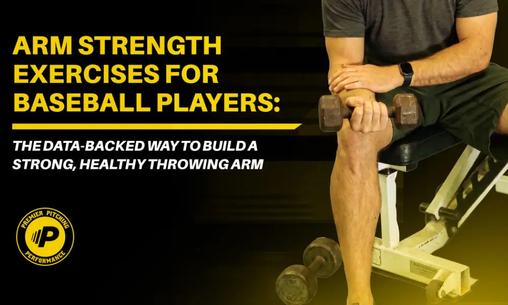 Athlete performing a seated dumbbell wrist curl beside the text “Arm Strength Exercises for Baseball Players.”