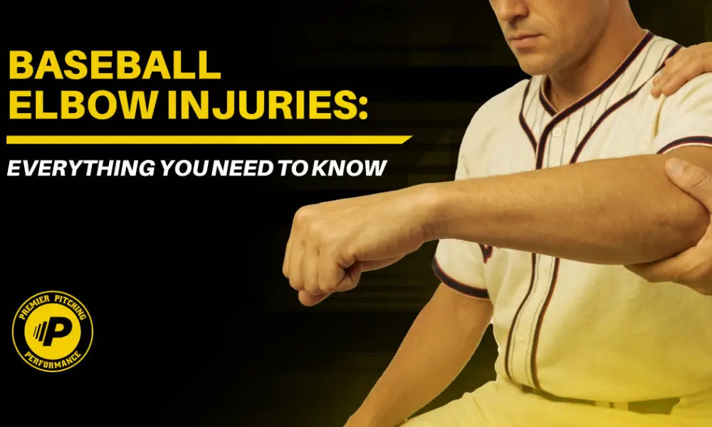 Baseball player receiving an elbow examination beside the text “Baseball Elbow Injuries: Everything You Need to Know.”
