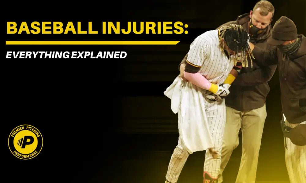 Injured baseball player helped off the field beside the text “Baseball Injuries: Everything Explained.”