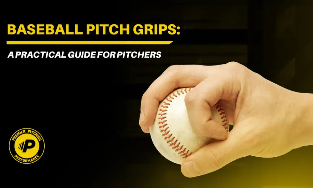 Hand demonstrating a baseball grip beside the text “Baseball Pitch Grips: A Practical Guide for Pitchers.”