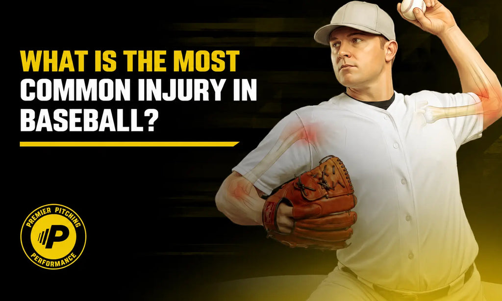 Baseball pitcher with highlighted arm joints beside the text “What Is the Most Common Injury in Baseball?”
