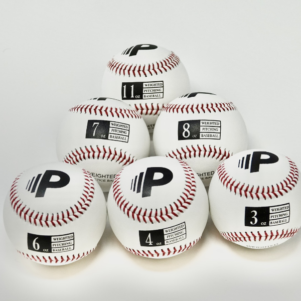 Weighted baseball set arranged in a pyramid, featuring six white baseballs with red stitching and a 'P' logo. Each ball is labeled with its weight, ranging from 3 oz to 11 oz, designed for pitching training.