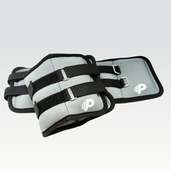 Gray and black wrist weight set with adjustable straps and a 'P' logo, designed for strength training and conditioning.