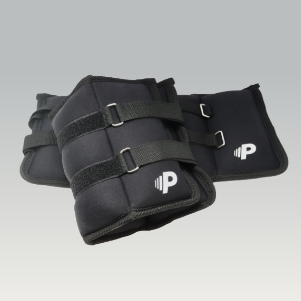 Black wrist weight set with adjustable straps and a 'P' logo, designed for strength training and conditioning.