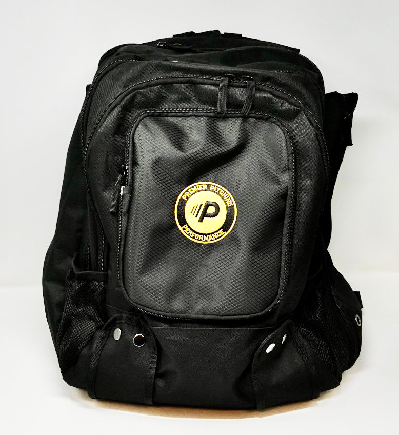 Black pitching backpack with multiple compartments, mesh side pockets, and a gold 'Premier Pitching Performance' logo on the front. Designed for baseball pitchers to carry gear and training essentials