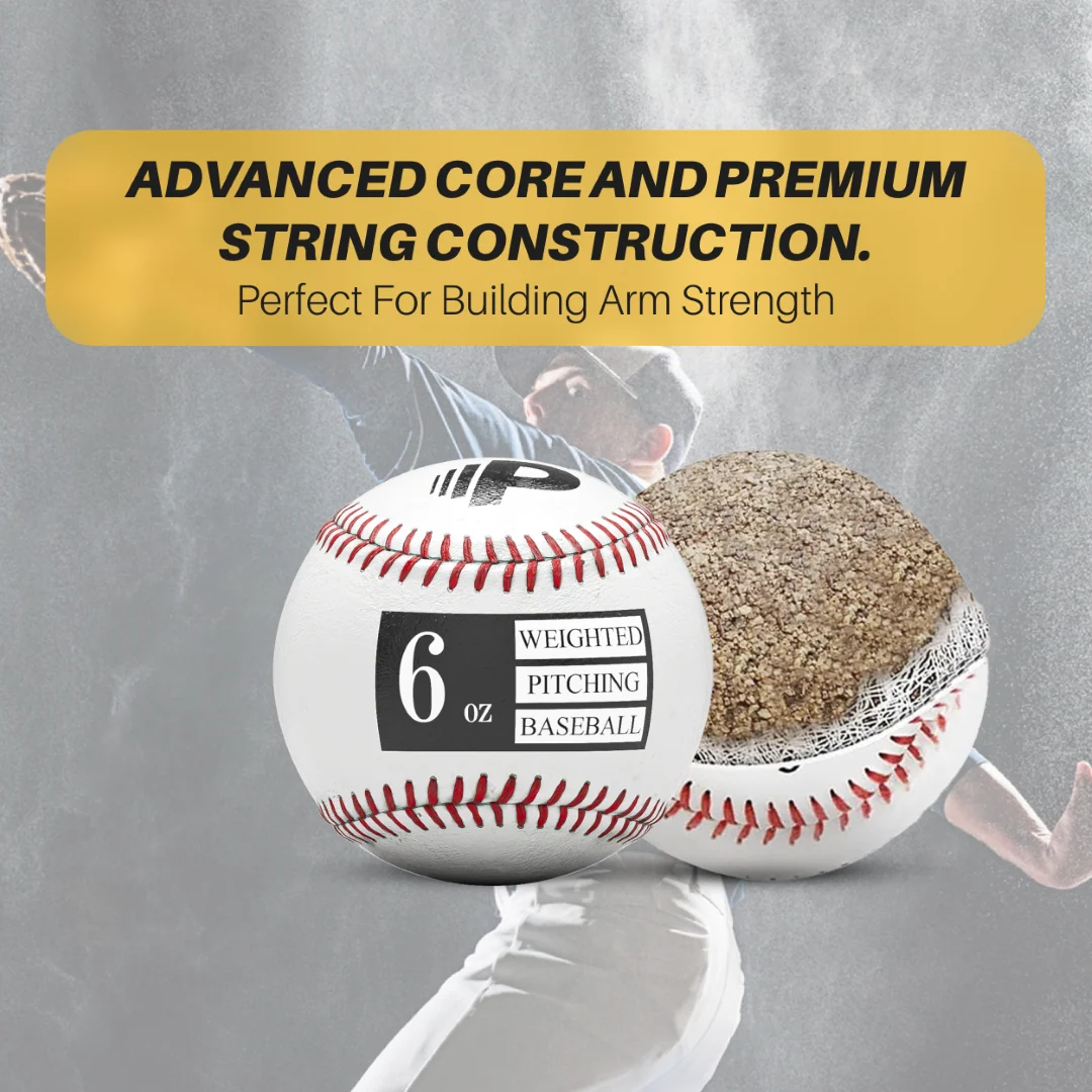 6 oz weighted pitching baseball with red stitching and a 'P' logo, alongside a cutaway view revealing its advanced core and string construction. A baseball player in the background is mid-throw. Text overlay reads: 'ADVANCED CORE AND PREMIUM STRING CONSTRUCTION - Perfect for Building Arm Strength.