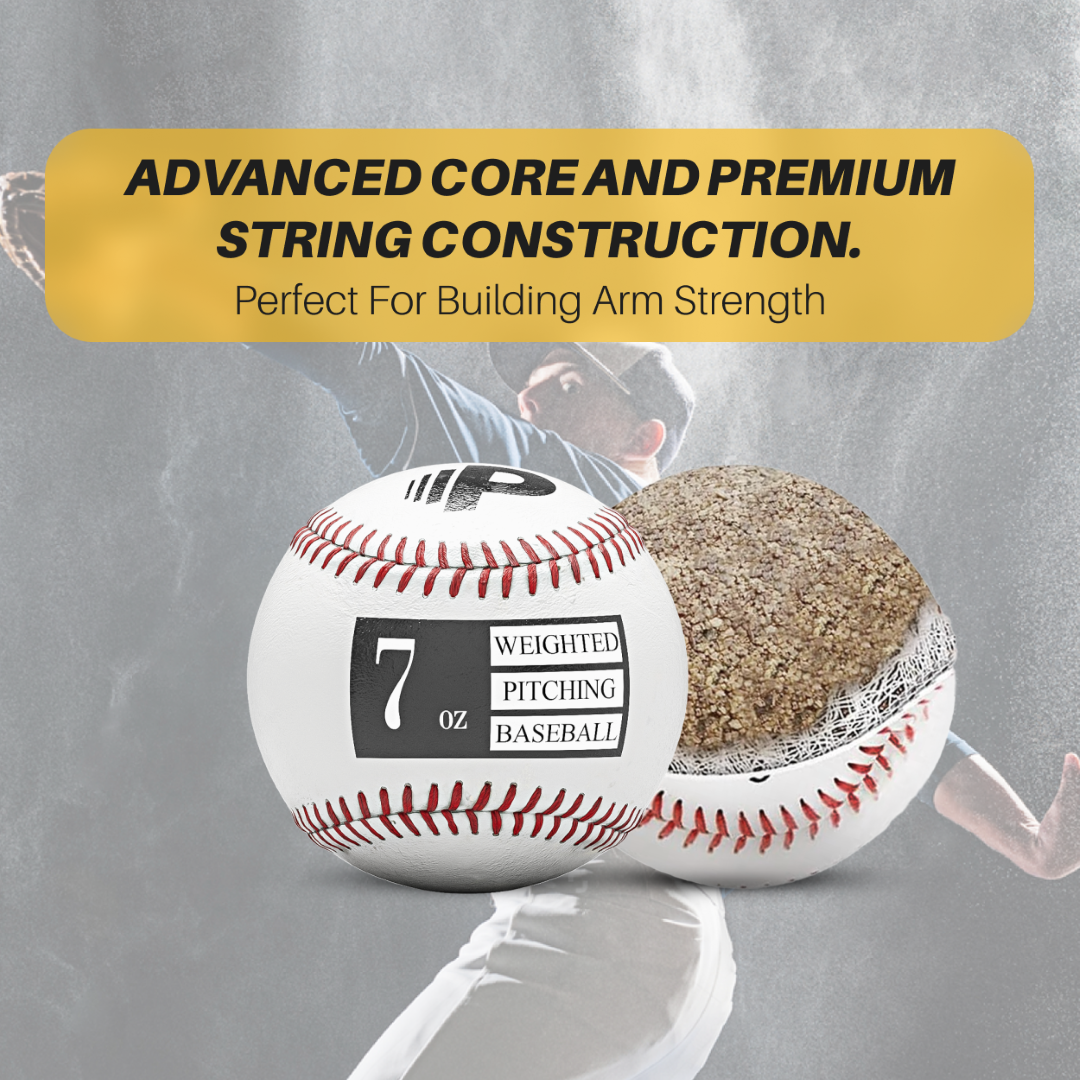 7 oz weighted pitching baseball with red stitching and a 'P' logo, alongside a cutaway view revealing its advanced core and string construction. A baseball player in the background is mid-throw. Text overlay reads: 'ADVANCED CORE AND PREMIUM STRING CONSTRUCTION - Perfect for Building Arm Strength.