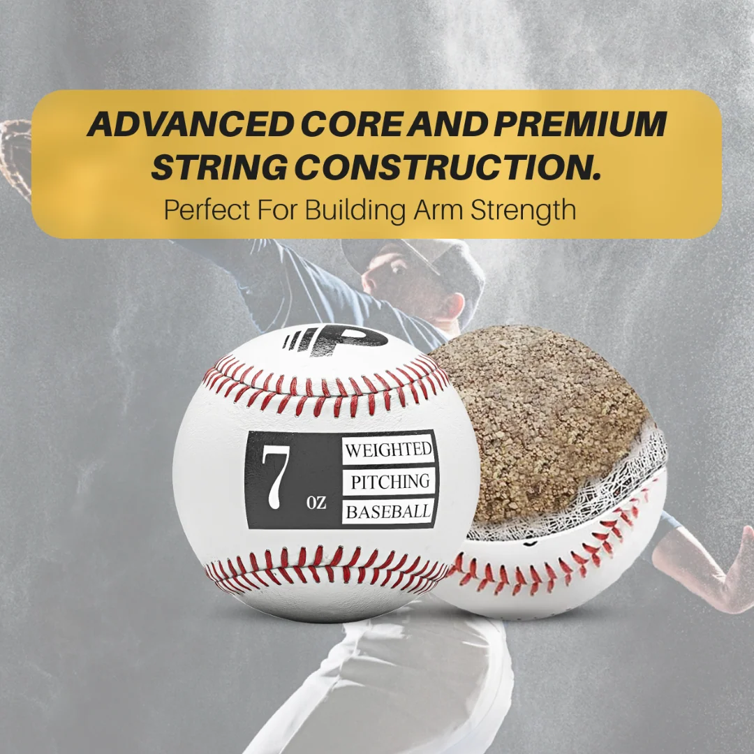 7 oz weighted pitching baseball with red stitching and a 'P' logo, alongside a cutaway view revealing its advanced core and string construction. A baseball player in the background is mid-throw. Text overlay reads: 'ADVANCED CORE AND PREMIUM STRING CONSTRUCTION - Perfect for Building Arm Strength.