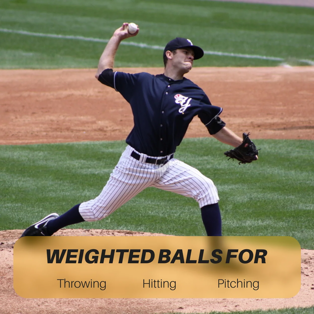 Baseball pitcher in a black and white uniform throwing a ball on the mound. Text overlay reads 'WEIGHTED BALLS FOR' with categories: Throwing, Hitting, and Pitching.