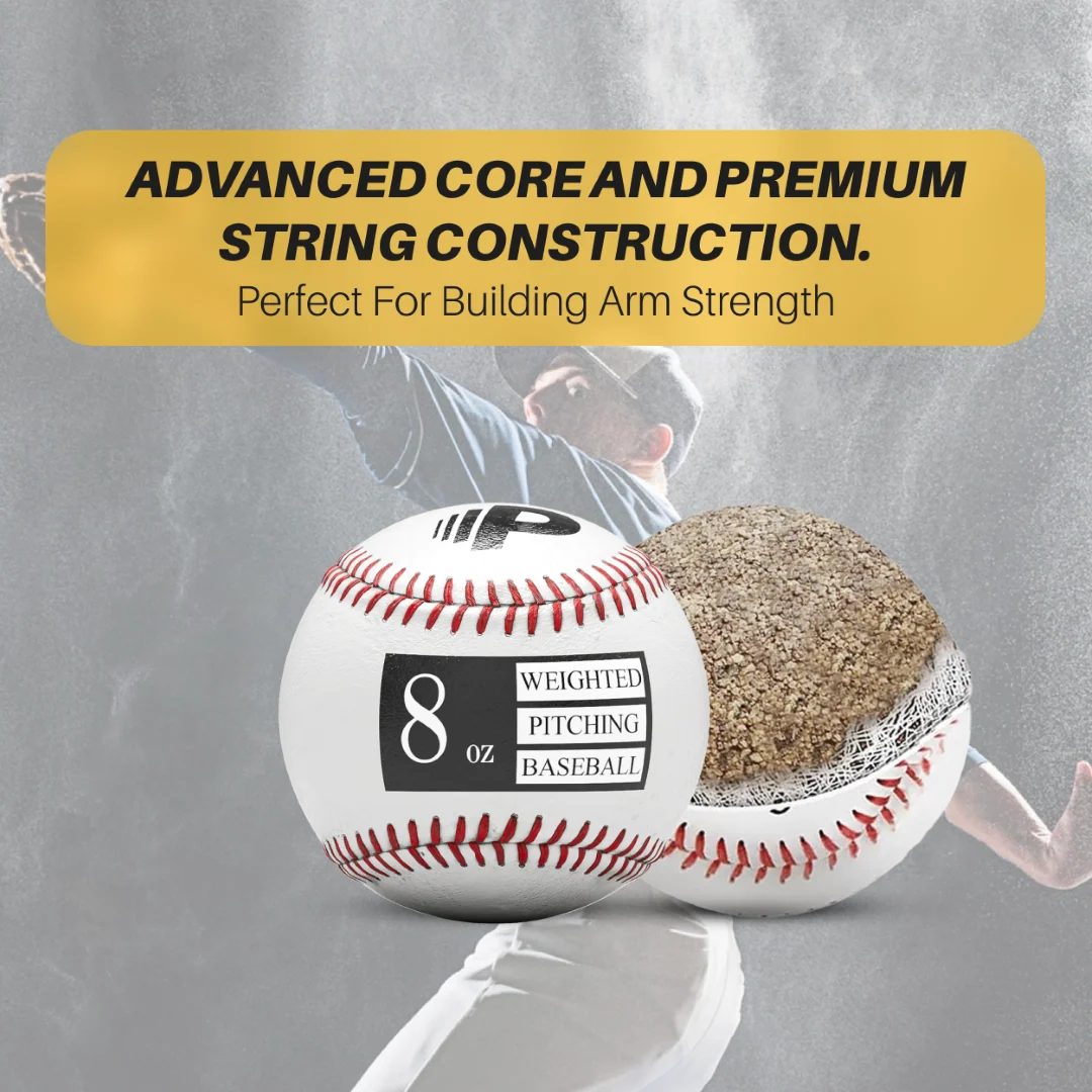 8 oz weighted pitching baseball with red stitching and a 'P' logo, alongside a cutaway view revealing its advanced core and string construction. A baseball player in the background is mid-throw. Text overlay reads: 'ADVANCED CORE AND PREMIUM STRING CONSTRUCTION - Perfect for Building Arm Strength
