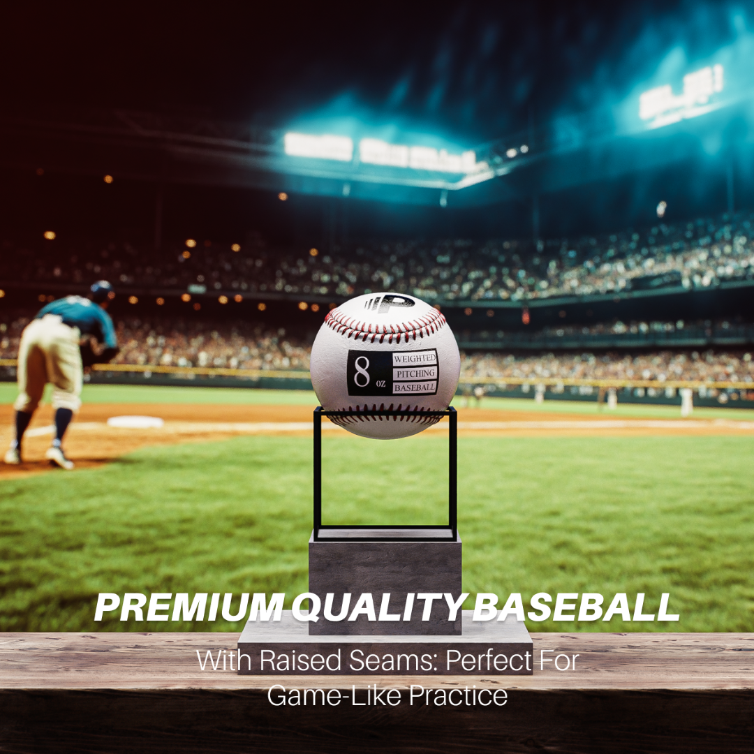 8 oz weighted pitching baseball with red stitching and a 'P' logo displayed on a stand at a stadium. A baseball player is in the background preparing to throw. Text overlay reads: 'PREMIUM QUALITY BASEBALL - With Raised Seams: Perfect for Game-Like Practice.