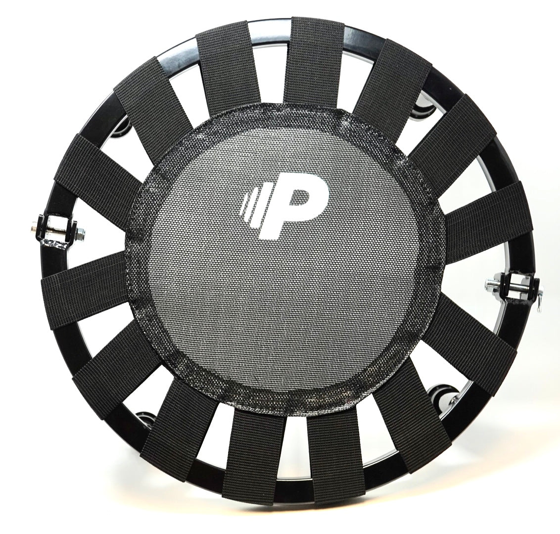 Black mini trampoline (mini rebounder) with a sturdy frame, elastic bands, and a 'P' logo at the center, designed for training and conditioning.
