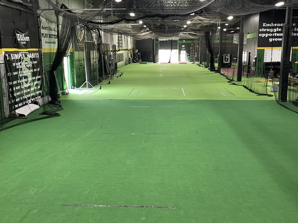 Large indoor baseball training area at Slammers Baseball Academy