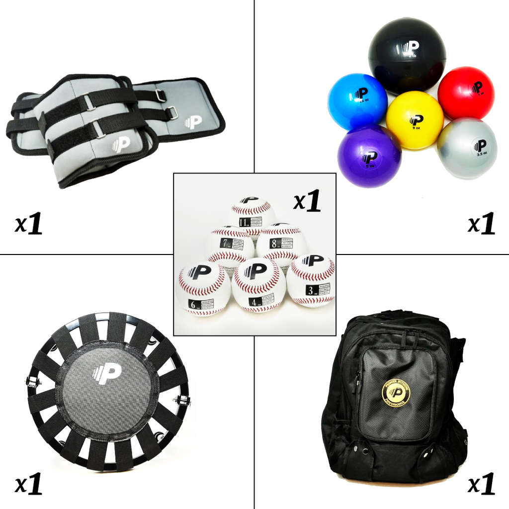 Complete training set with wrist weights, plyo balls, weighted baseball set, rebounder, and backpack.