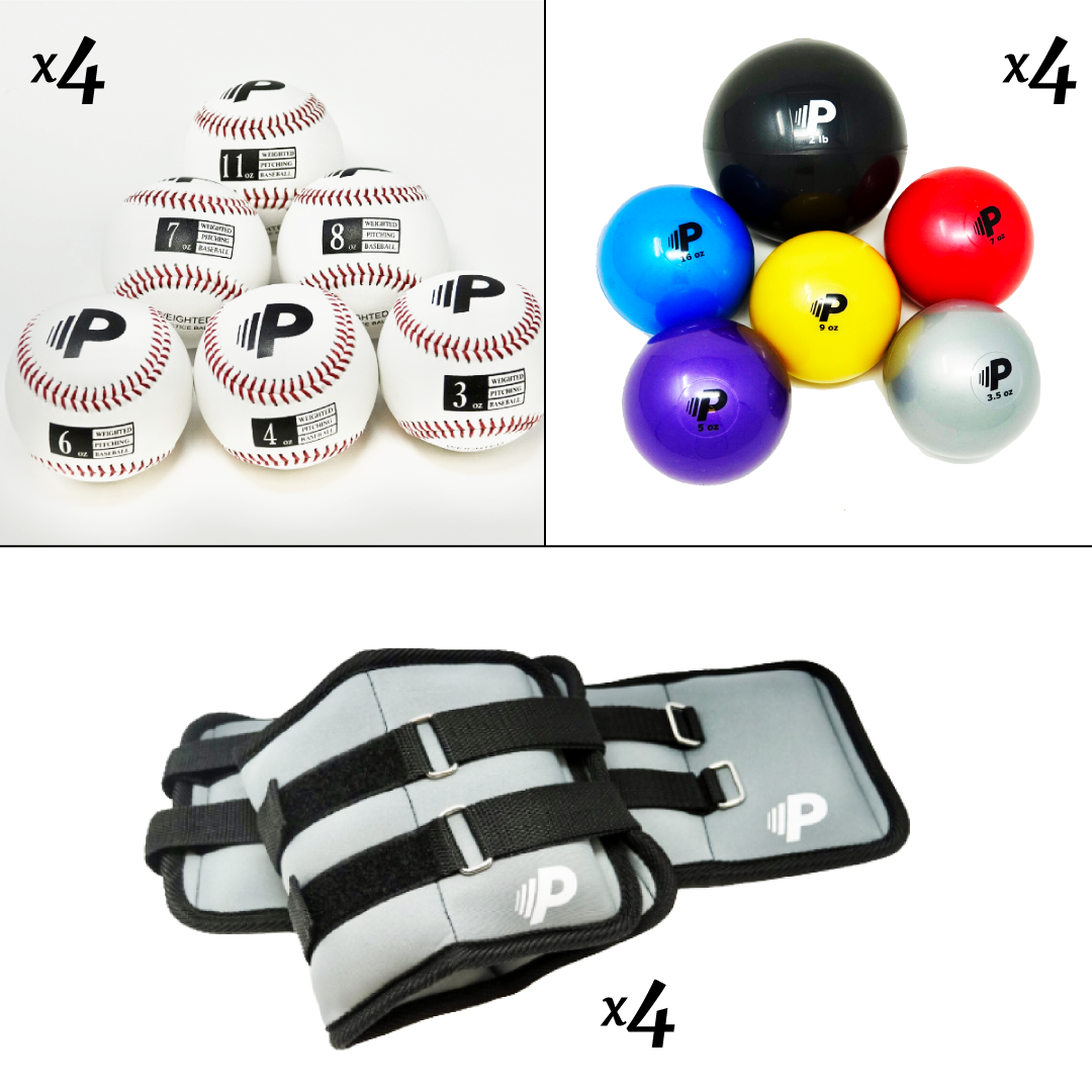 Team starter package featuring weighted baseballs, plyo balls, and wrist weights for pitching and strength training.